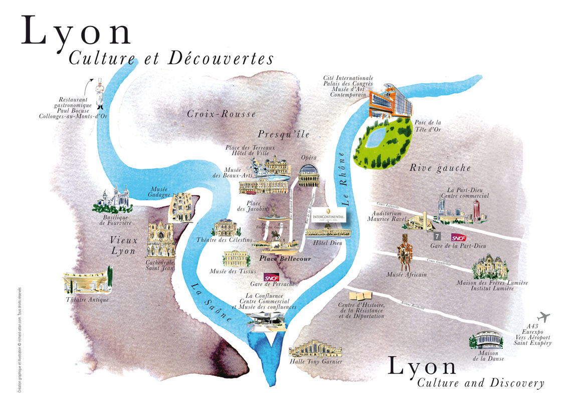 Plan personnalisé de Lyon Hôtel Intercontinental Lyon, Aquarelle sur papier.